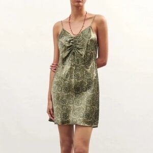 Zara sz M 90s style green gold paisley satin v neck spaghetti strap slip dress